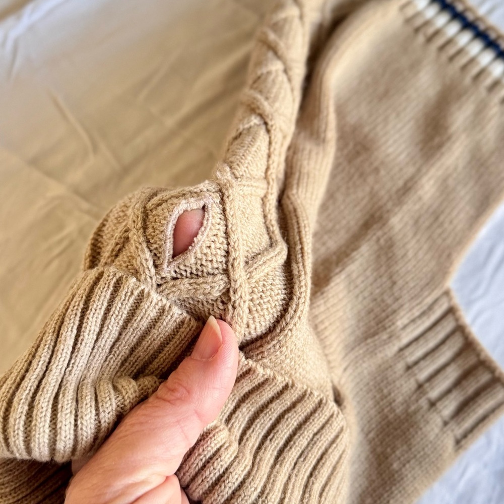 Tan Cable Knit Dog Sweater w Blue & White Stripes & Turtleneck - Picture 6 of 13